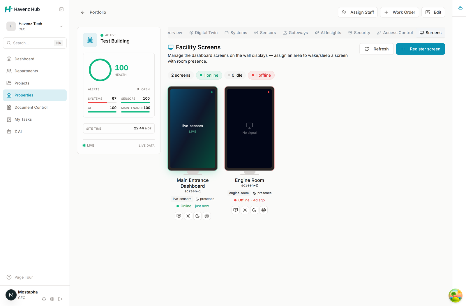 Havenz Hub facility screens management console