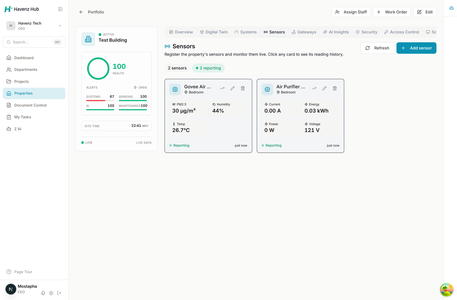 Havenz Hub live sensor telemetry dashboard